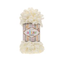 Alize Puffy mikropolyesterinen ja paksu lanka sormineulontaan, jossa on valmiit lenkit 100 g kerällä. 