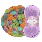 Sävymalli Pumpuli-tyyny -tarvikepaketille, Himalaya Yo-Yo 004 Karnevaali ja Alize Cotton gold 0043 Laventeli.