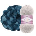 Sävymalli Pumpuli-tyyny -tarvikepaketille, Himalaya Yo-Yo 011 Myrsky ja Alize Cotton gold 0200 Vaalean harmaa.