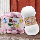 Sävymalli Pumpuli-tyyny -piristyspaketille, Himalaya Yo-Yo 09 Pirtelö ja Alize Baby Best 55 Valkoinen.