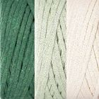 Sävymalli Tähtönen-matto -piristyspussille. Kuvassa värimallit Essi-ontelokuteen sävyistä 11 Tummanvihreä, 35 Vaaleanvihreä ja 02 Luonnonvalkoinen.