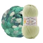 Sävymalli Pumpuli-tyyny -tarvikepaketille, Himalaya Yo-Yo 013 Viidakko ja Alize Cotton gold 0103 Vaalean vihreä.